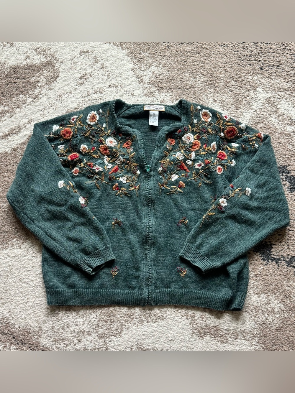 Vintage Y2K Embroidered Forest Green Women's Sweater Zip Up Cardigan